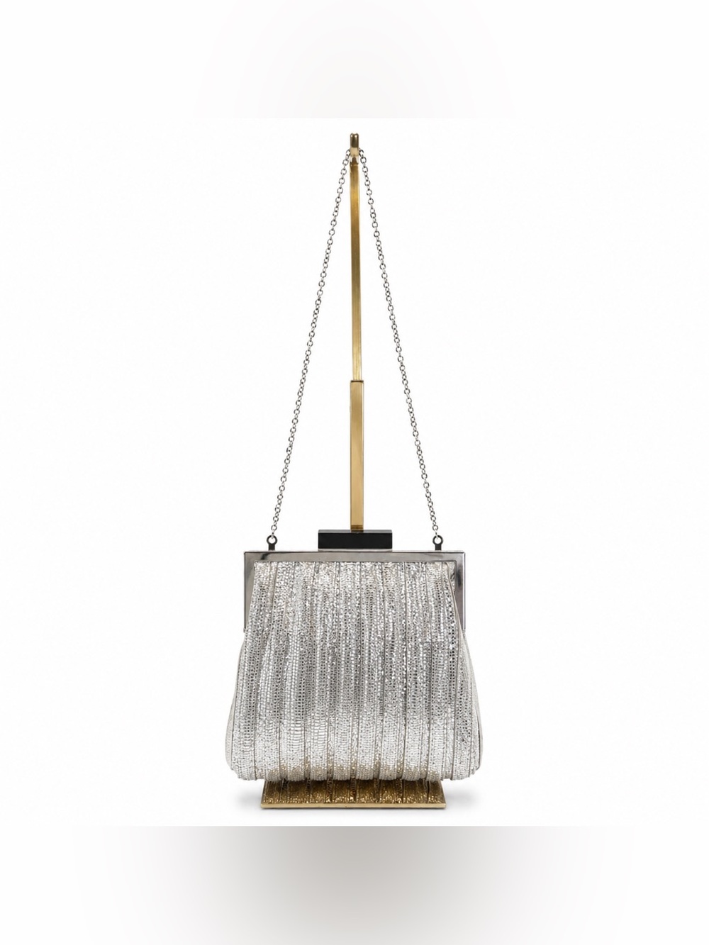 Annabel Ingall Platinum Lame' Leather Convertible Clutch Bag